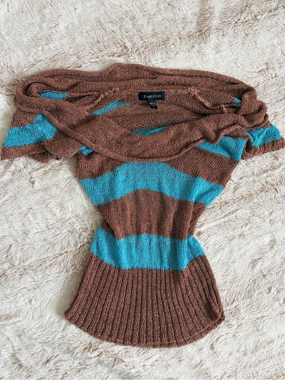 🤎 RARE Y2K bebe Vintage Cowl Neck Open Knit Off Shoulder Top McBling Going Out